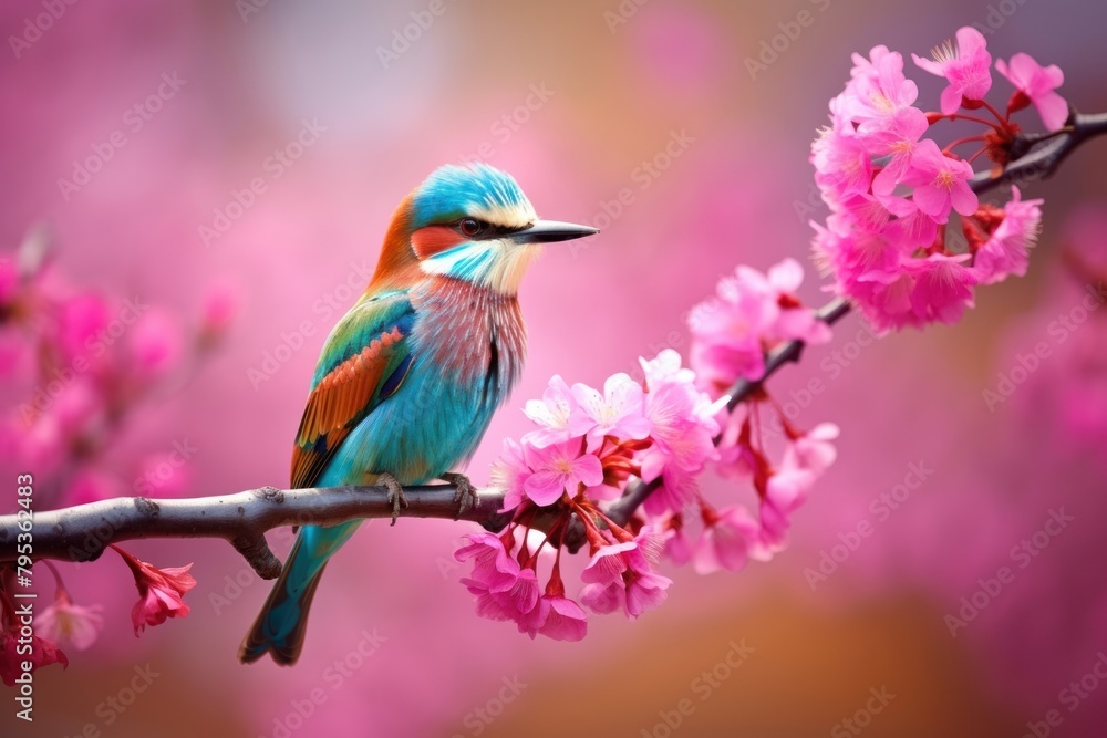 Fototapeta premium Colorful wild bird on a trees flower wildlife outdoors