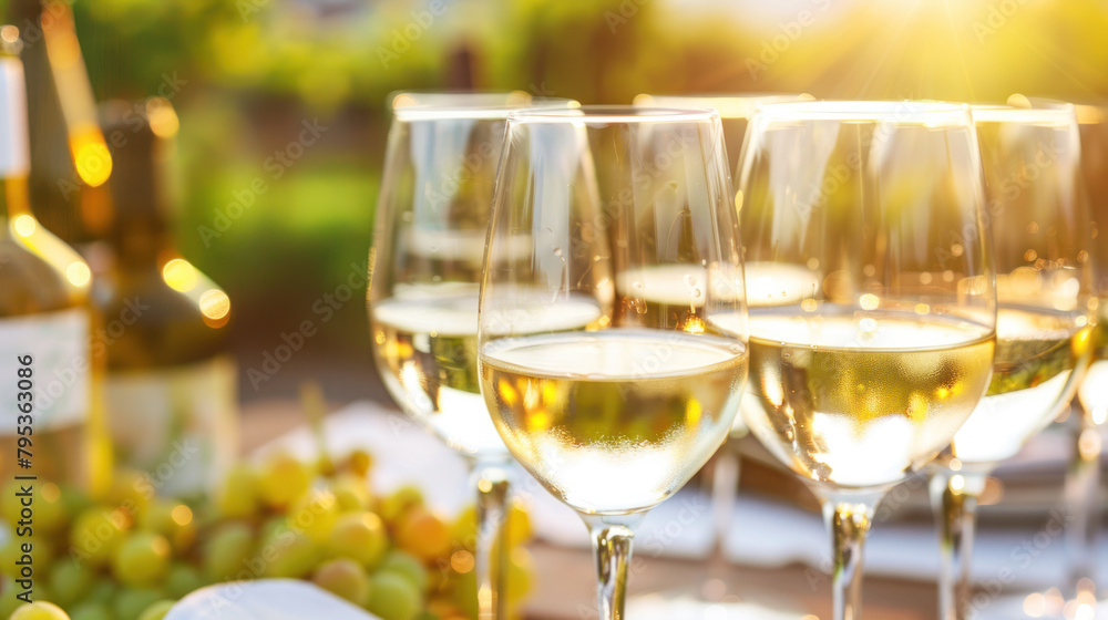 Winetasting event on summer patio, warm sunny weather