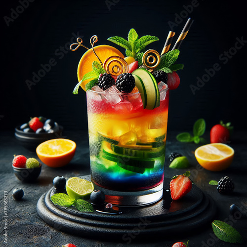 Cocktail coloré de fruits et glaçons sur fond noir photo