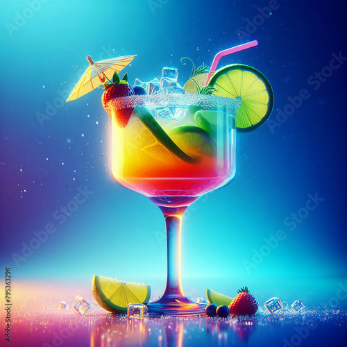 Cocktail coloré de fruits et glaçons sur fond dégradé bleu photo