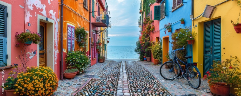 Narrow street of the village of fishermen with colorful houses and a bicycle in early morning
