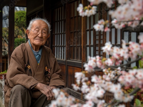 An elderly man sits on a porch with cherry blossoms in the background. Concept of tranquility and peacefulness, as the man enjoys the beauty of nature