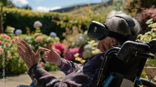 Old lady with virtual reality device