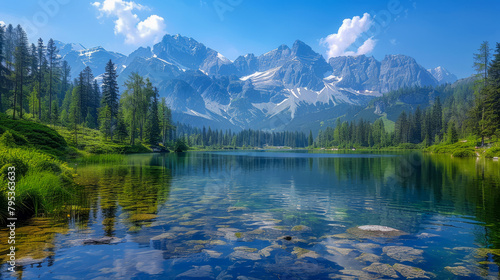A quiet lake surrounded by majestic mountains and forests.