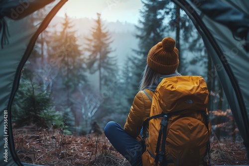 Capture the essence of solitude and introspection during a wilderness camping trip from a rear view angle, incorporating surreal lighting effects that blur the line between reality and introspective i photo
