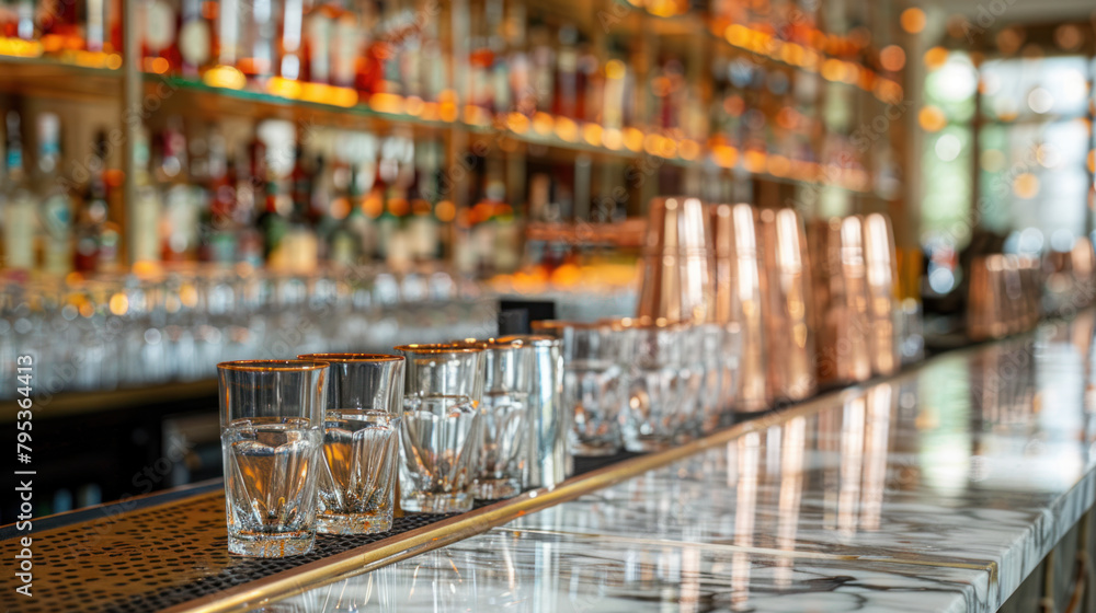 Marble bar counter with copper utensils and shelves with bottles Marble bar counter with copper utensils and shelves with bottles