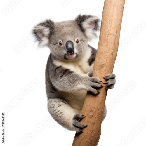 A koala climbing on a tree isolated on a white background photo