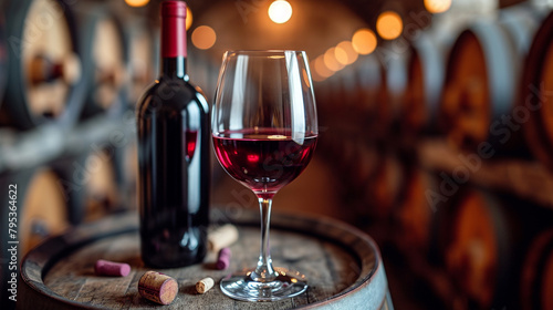 Red wine glass and a wine bottle on a wooden tank in the cellar. © LOPH Studio