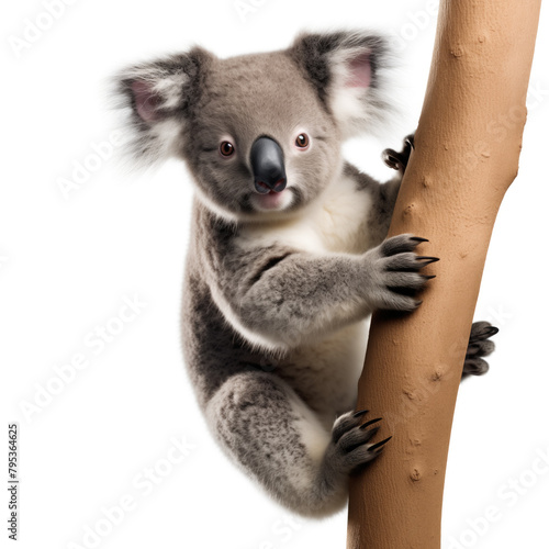 A koala climbing on a tree isolated on a white background photo
