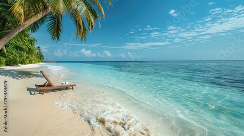 Fototapeta Naklejka Na Ścianę i Meble -  Luxurious tropical landscape. White sand with palm trees and azure sea. A heavenly place to relax. Beautiful exotic summer beach background for design.