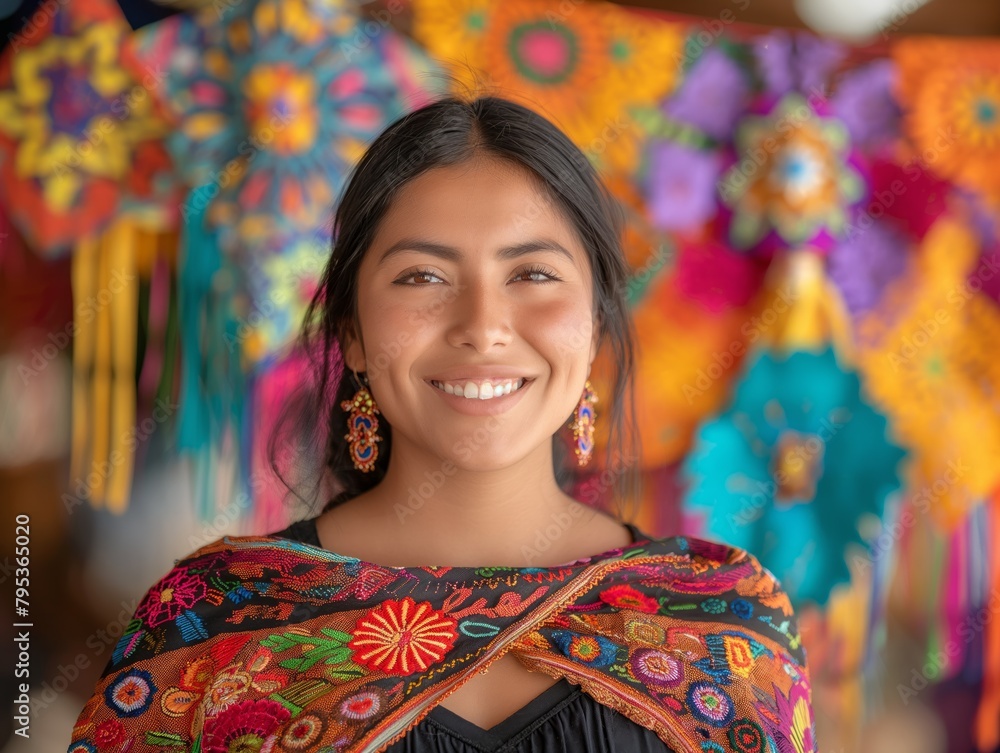 A woman wearing a colorful scarf and earrings is smiling. The scarf is multicolored and has a floral pattern