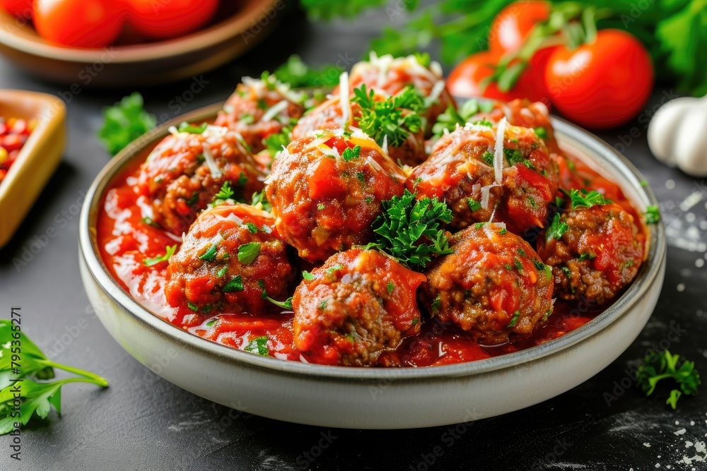 Ground beef meatballs with tomato and cheese sauce, top down view, clean background Ground beef meatballs with tomato and cheese sauce, top down view, clean background
