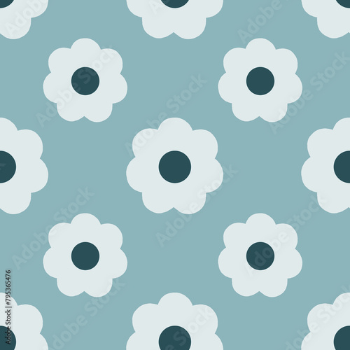 Seamless patterns with daisy flower, meadow on blue background illustration. Cute summer wallpaper.
