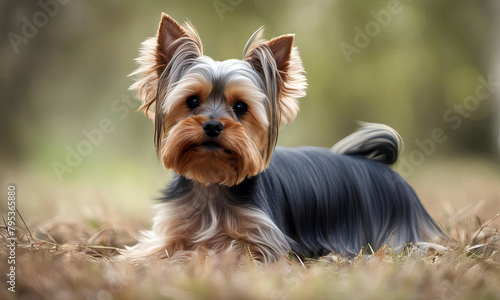 Yorkshire Terrier portrait outdoors in a field on a sunny day. © Victoria Sharratt