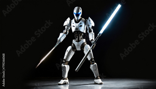 Fighting Robot made of white plastic and black metal armed with light club and long blade