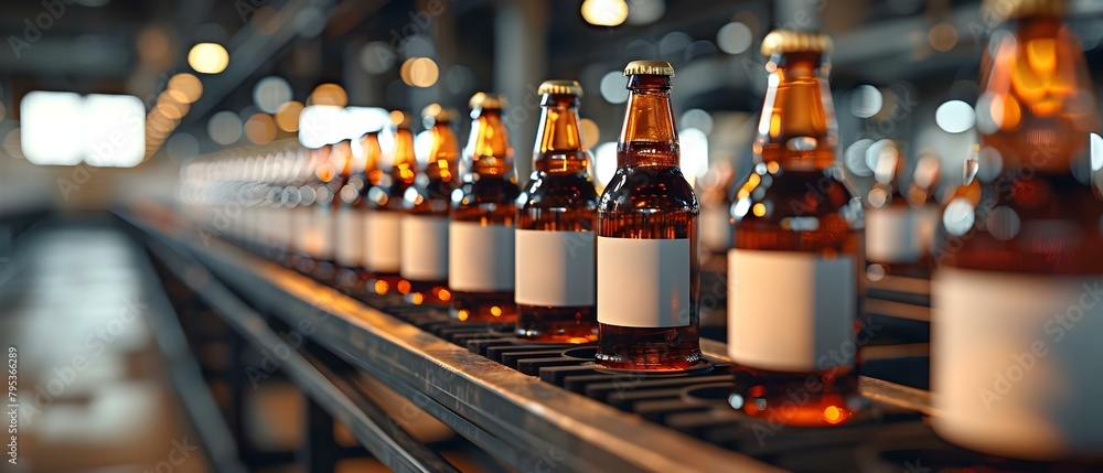 Visual Representation of Beer Bottles in a Factory with Empty Labels. Concept Beer Bottles, Factory Setting, Empty Labels, Manufacturing Process, Industrial Photography