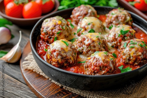 meatballs with sauce and melted mozzarella cheese photo