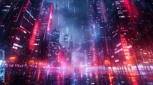 Glowing Neon Cityscape of a Futuristic Financial District in the Night Sky with Vibrant Lights and Surreal Data Visualizations