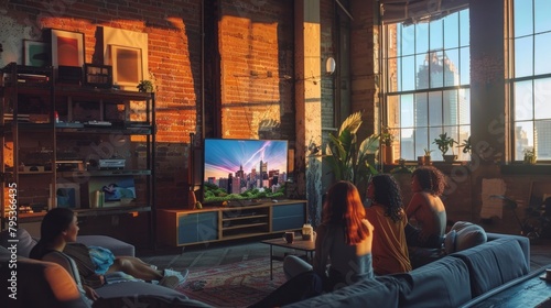 A group of people are sitting on a couch in a living room, watching television