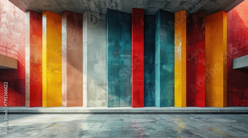 An array of vertical stripes in red to blue hues on a wall evoke a sense of organized chaos and vibrancy