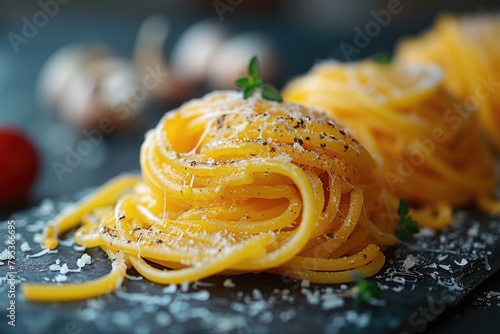 Close-up of a twirl of perfectly cooked spaghetti with a sprinkle of cheese and pepper  emphasizing texture and flavor