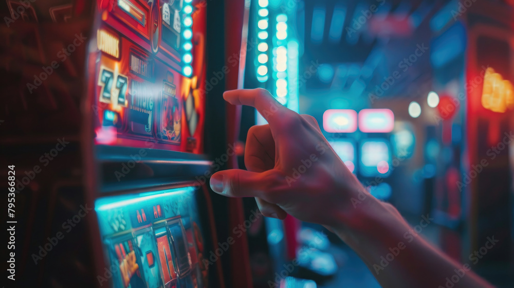 Naklejka premium Close-Up Hand Ready to Press Play Button in Gaming Room
