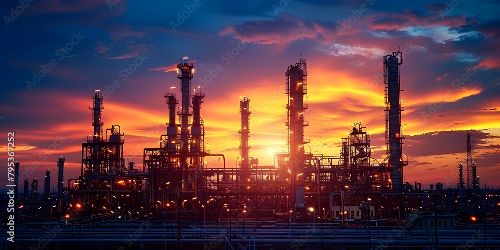 Brilliant Silhouettes of an Intricate Oil Refinery Set Against the Vibrant Desert Sunset Skyline Symbolizing the Power and Energy of Industry Brilliant Silhouettes of an Intricate Oil Refinery Set Against the Vibrant Desert Sunset Skyline Symbolizing the Power and Energy of Industry