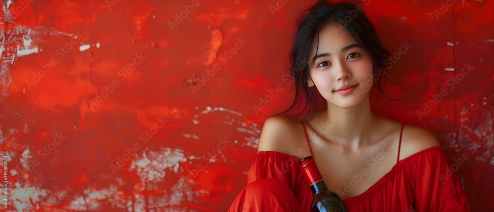 Naklejka premium A young Asian woman sitting on the floor holding a bottle of wine. Concept Lifestyle, Asian Woman, Wine, Indoor Setting, Relaxing
