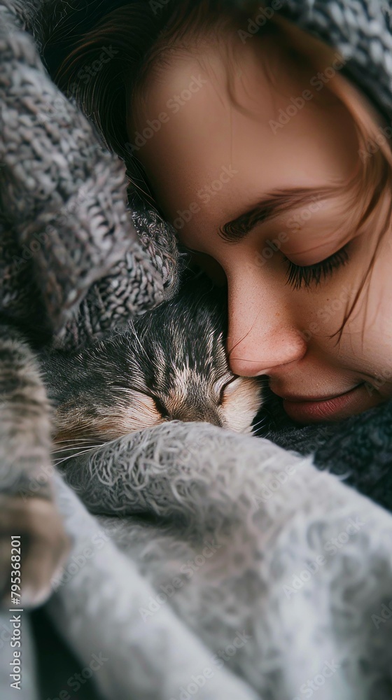 A close-up of a person cuddling with their pet, expressing love and companionship between humans and animals. A close-up of a person cuddling with their pet, expressing love and companionship between humans and animals.