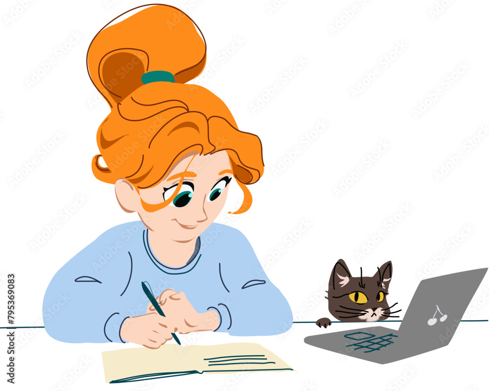 Girl with a cat sitting at the desk writing in a journal.