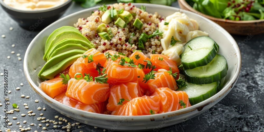 A top-down view of a delectable poke bowl featuring fresh salmon, creamy avocado, nutritious quinoa, and crisp cucumber, arranged beautifully and ready to enjoy. A top-down view of a delectable poke bowl featuring fresh salmon, creamy avocado, nutritious quinoa, and crisp cucumber, arranged beautifully and ready to enjoy.