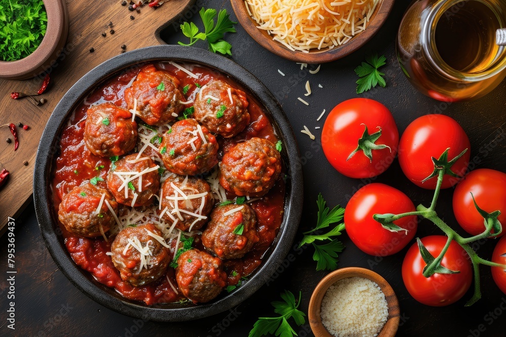 meatball in sauce with cheese and cherry tomato