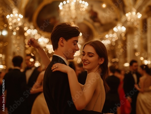 A man and woman are dancing in a ballroom. The man is wearing a black suit and the woman is wearing a black dress. Scene is romantic and lively