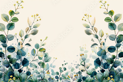 Symmetrical floral design with blue and yellow leaves and blossoms on a light background © alexandr