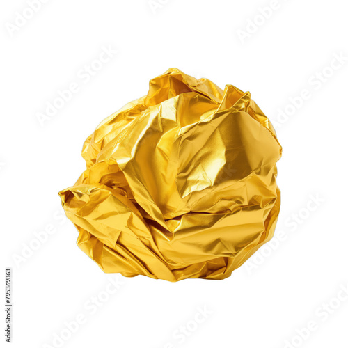 A lump or ball of crumpled yellow golden foil on a white background