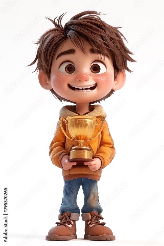 Cute Cartoon Boy with Golden Award Trophy in His Hands extreme closeup. Generative AI Cute Cartoon Boy with Golden Award Trophy in His Hands extreme closeup. Generative AI
