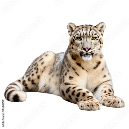 A lying snow leopard isolated on a white background
