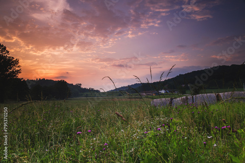 vista panoramica che mostra un ambiente naturale di campagna nel nord est Italia, dal basso, in un prato, guardando verso delle colline, in estate, al tramonto, sotto un bellissimo cielo colorato