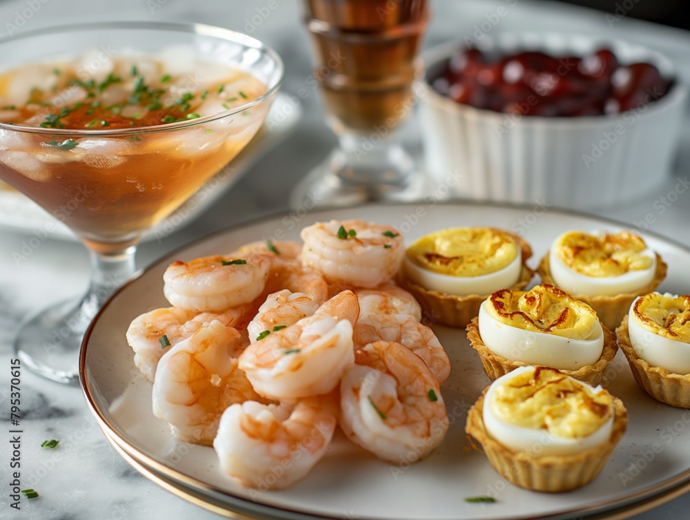 A plate of shrimp and egg crescent rolls sits on a table next to a glass of wine and a bowl of cranberry sauce