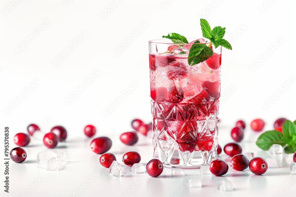 A glass of cranberry juice with a sprig of mint on top A glass of cranberry juice with a sprig of mint on top