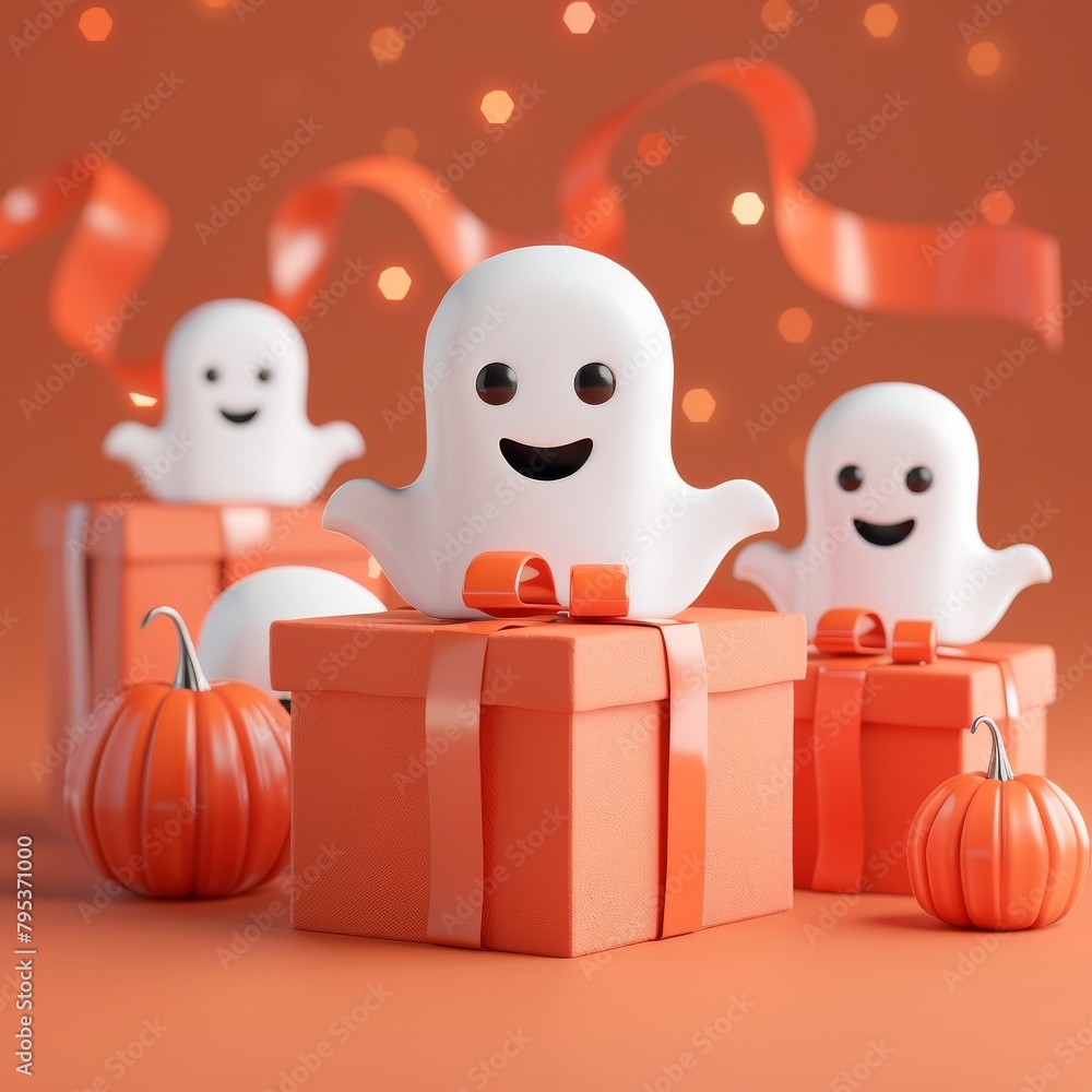 Obraz premium Blender 3D minimal ghost motif gift boxes, Halloween treats, space for text, isolated background