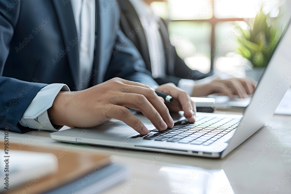 closeup of man hand working and typing on a laptop in office closeup of man hand working and typing on a laptop in office