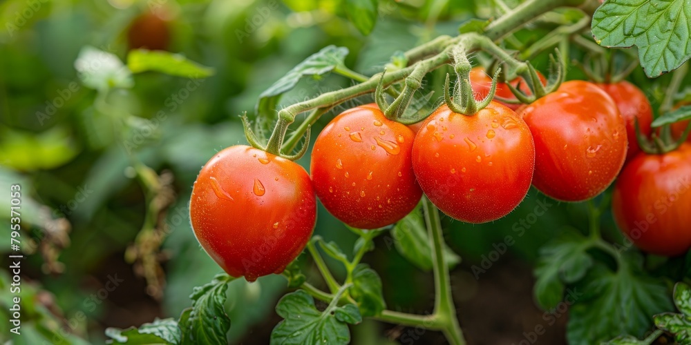 Fresh red tomatoes still attached to the vine, showcasing their natural ripeness and vibrant color.