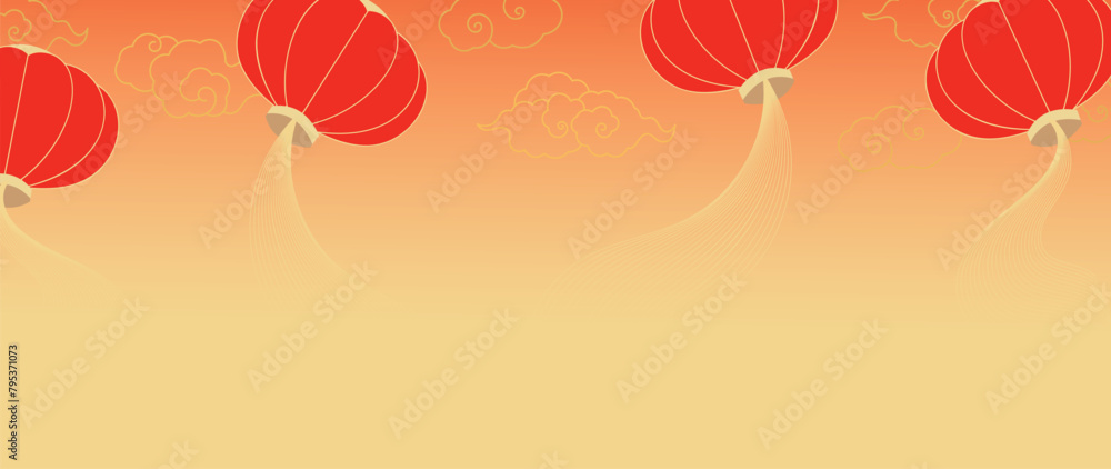 Obraz premium Happy Chinese new year background vector. Luxury wallpaper design with chinese lantern, cloud on gold background. Modern luxury oriental illustration for cover, banner, website, decor.
