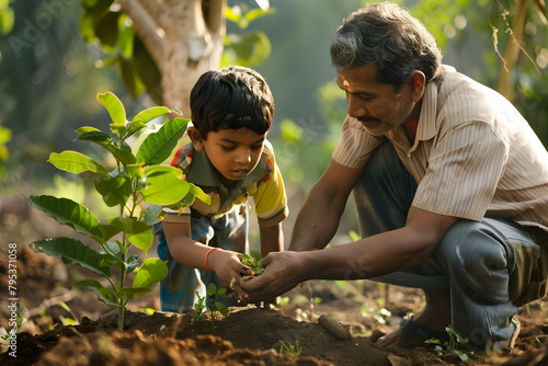 indian father and his son planting a tree outdoors