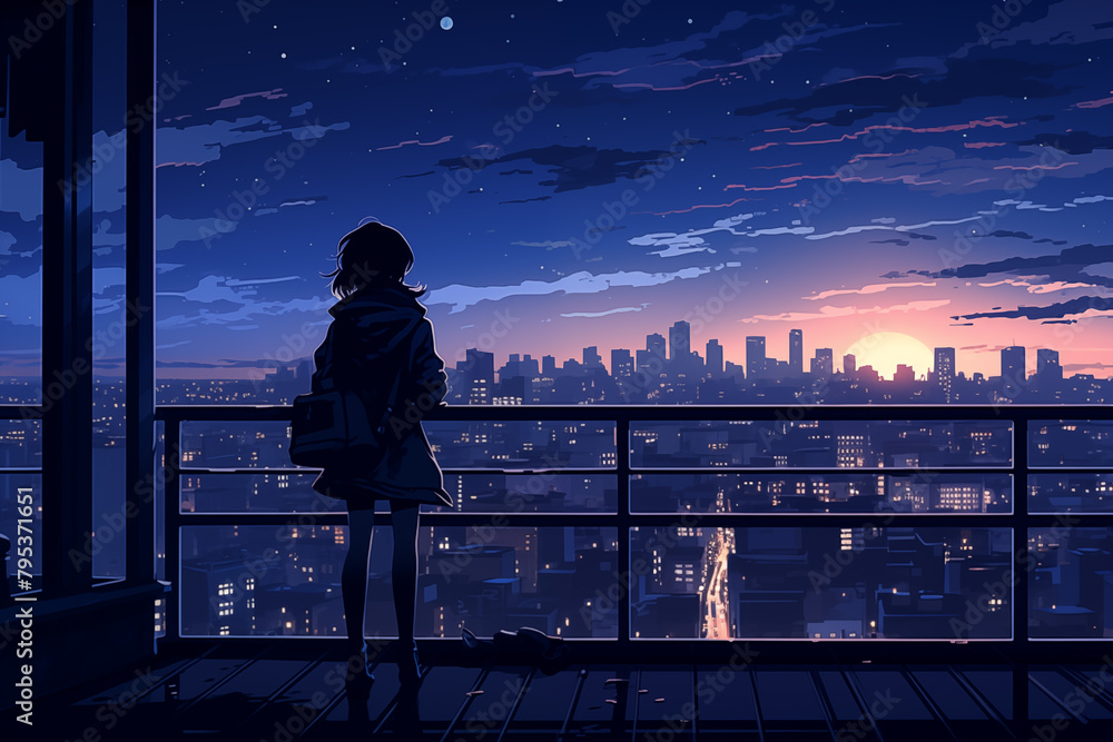 Fototapeta premium Anime girl standing on rooftop at sunset