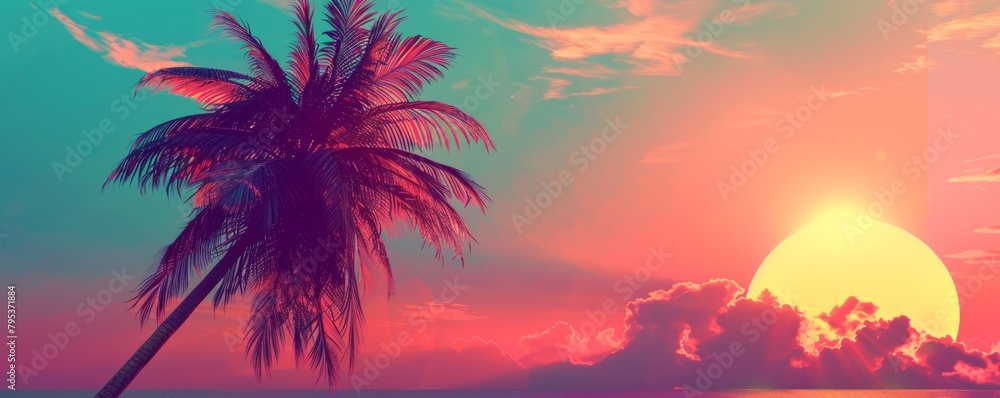 A retro-style background featuring the iconic skyline of Miami, adorned with palm trees silhouetted against a big dawn sun, capturing the vibrant and nostalgic essence of the city.