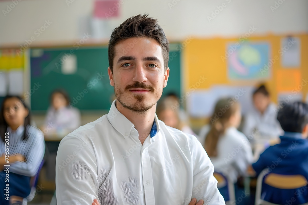 Portrait of a young male teacher standing in a classroom at school Portrait of a young male teacher standing in a classroom at school