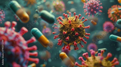  virus and bacteria cells with pills photo