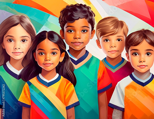 Multiracial group of captains of mixed children's soccer teams from different countries around the world dressed in their respective uniforms.
